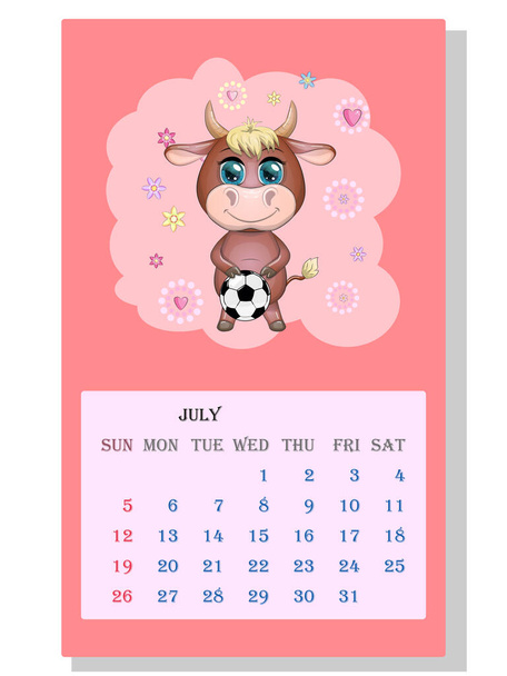 Calendar 2021. Cute bull and cow for July - Vektor, kép