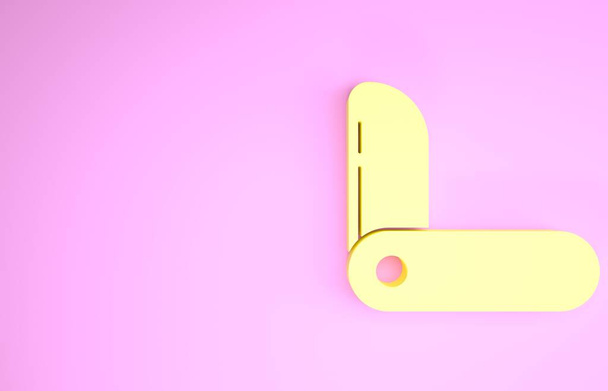 Coltello svizzero giallo icona isolata su sfondo rosa. Coltello multiutensile multiuso. Strumento multifunzionale. Concetto minimalista. Illustrazione 3d rendering 3D - Foto, immagini