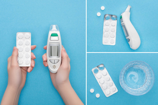 collage of female hands with pills in blister pack, ear thermometer and glass of water on blue background - Foto, afbeelding