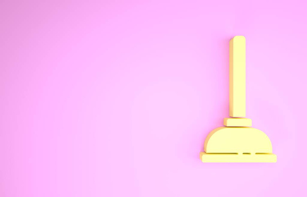 Pistolet en caoutchouc jaune avec poignée en bois pour icône de nettoyage de tuyau isolé sur fond rose. Pistolet de toilette. Concept de minimalisme. Illustration 3D rendu 3D
 - Photo, image
