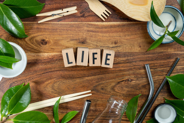De houten baksteen met woorden "LIFE" op houten ondergrond. ECO concept met recycling symbool en bladeren. - Foto, afbeelding