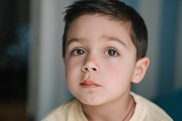 πορτρέτο του σκεπτικού, αξιολάτρευτο μελαχρινό αγόρι με καστανά μάτια - Φωτογραφία, εικόνα