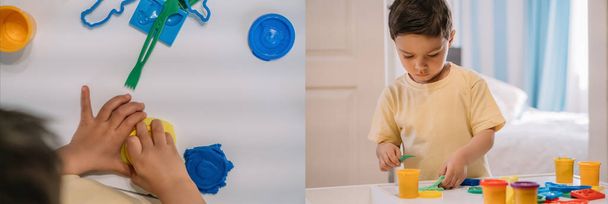 collage of adorable boy sculpting colorful plasticine figures, panoramic crop - Photo, Image