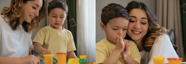 collage de madre feliz con adorable hijo esculpiendo figuras con colorido plastilina, imagen horizontal
  - Foto, Imagen