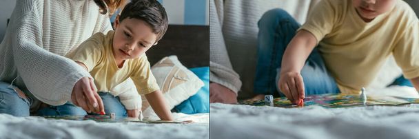 collage of mom and adorable son playing board game on bed together, horizontal image - Foto, afbeelding