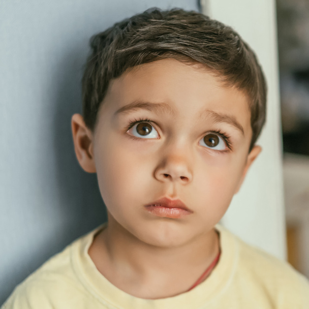portrait of pensive, adorable brunette boy looking up with brown eyes - Foto, imagen