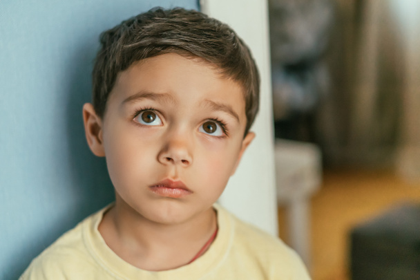 portrait of thoughtful, adorable brunette boy looking up with brown eyes - Photo, Image