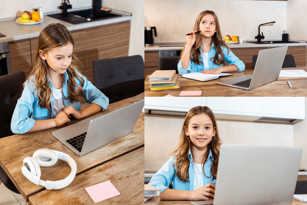Collage eines emotionalen Kindes, das beim Online-Lernen zu Hause auf den Laptop schaut  - Foto, Bild