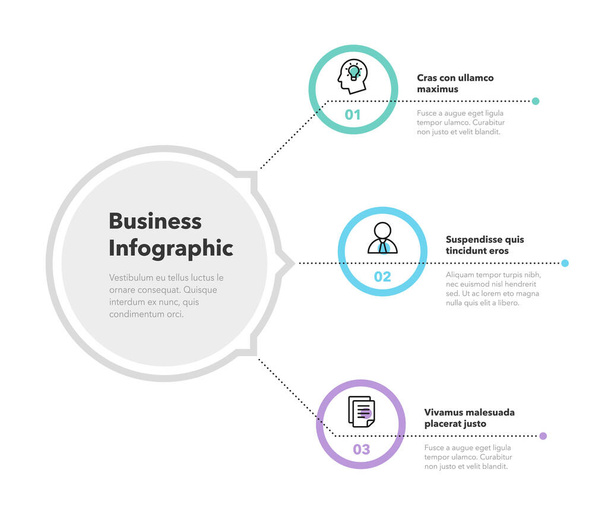 Concepto simple para diagrama de negocio con tres pasos y lugar para su descripción. Plantilla de diseño de infografía plana para sitio web o presentación
. - Vector, Imagen