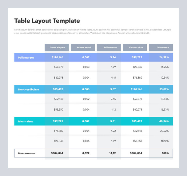 Modelo moderno de layout de tabela de negócios com a linha de soma total e lugar para o seu conteúdo. Design plano, fácil de usar para o seu site ou apresentação. - Vetor, Imagem