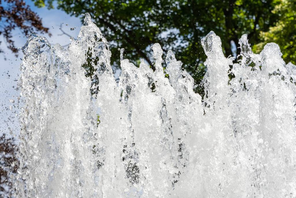 The splashing water of fountain and the green trees on the background - Foto, Imagen