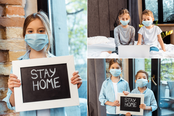 collage of siblings in medical masks holding chalkboard with stay home lettering and using laptop at home - Foto, imagen