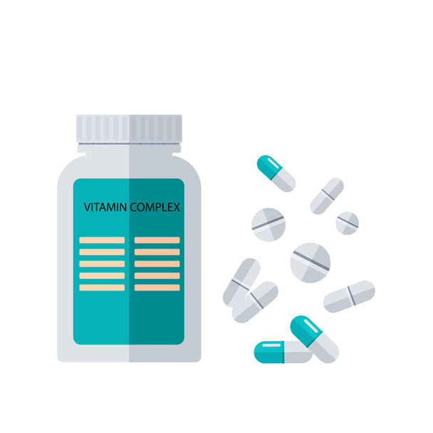 Vitamine complex, plastic fles en pillen, capsules geïsoleerd op witte achtergrond. Voorzorgsmaatregelen in de strijd tegen het coronavirus. Vector - Vector, afbeelding