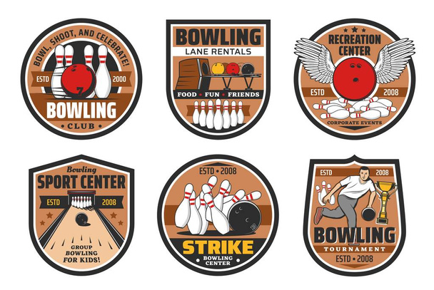 Bowling alley, skittle ground center vector icons. Ninepin bowling strike game tournament, sport recreation tournament and family entertainment center lane rentals, pins and ball with wings - Vector, Image
