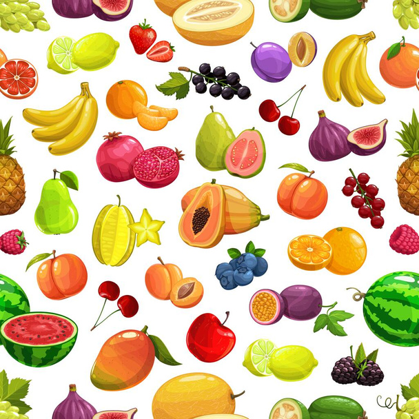 Vector Ananas und Pfirsich, Banane und Wassermelone tropischen Früchten und Beeren nahtlose Muster Hintergrund. Orangen und Granatäpfel, Kirschen und tropische Feigen, Karambolen und Papaya, Mango und Apfel - Vektor, Bild