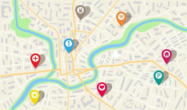 GPS iğneli harita şehri. Navigasyon için yön işaretleri. Sokak, yol, park, şehir planında nehir. Konum sistemli bir arka plan. Şehir haritasında seyahat için işaretler, işaretler ve oklar var. Vektör - Vektör, Görsel