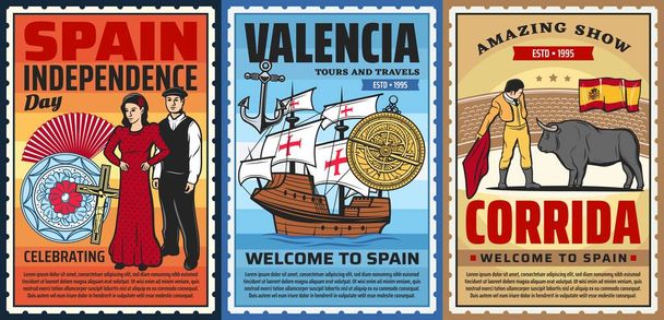 Spanish culture flamenco dance and corrida bulls show, ceramics and marine museum, national costumes. Barcelona and Madrid, Valencia tours vector posters. Spain history, travel landmarks, folk culture - Vector, Image