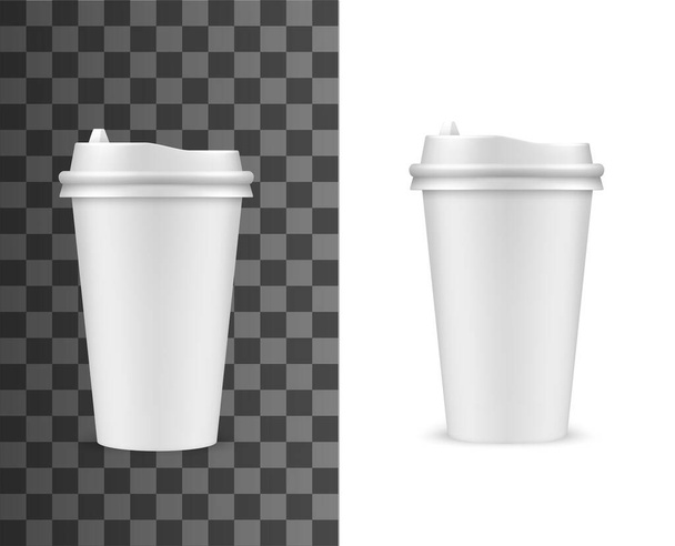Kahvikuppi mallinnus, pikaruokaa juoda paperimuki muovikannella, vektori realistinen malli. Pikaruoka kahvila takeaway muovi tai paperi kahvikuppi, tyhjä valkoiset kuumat juomat paketti siemaillen kansi
 - Vektori, kuva