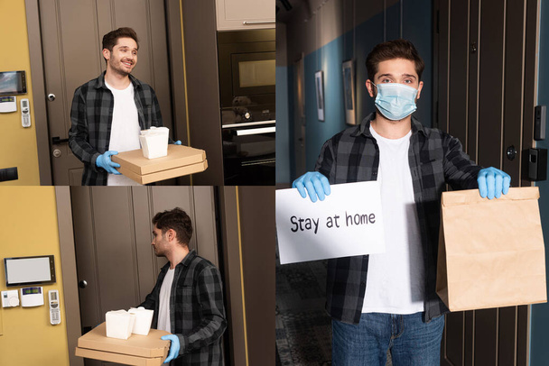Колаж людини в медичній масці, що тримає карту з перебуванням вдома, відпускає і пакети з коробками для піци біля відкритих дверей
 - Фото, зображення