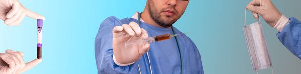Colagem de imagens: amostra de sangue em mãos de médico, médico segurando uma seringa com vacina contra o Coronavirus e na mão é uma máscara médica contra a infecção por Covid-19
 - Foto, Imagem