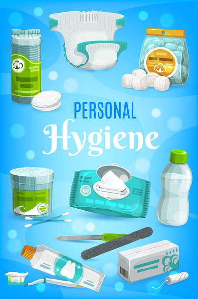 Hygiëne items en producten voor persoonlijke verzorging, vector badkamer zeep, tandpasta en tandenborstel. Hygiënische toiletartikelen, babyluiers en natte handdoeken, tampons en wattenschijfjes, manicure en mondwater - Vector, afbeelding