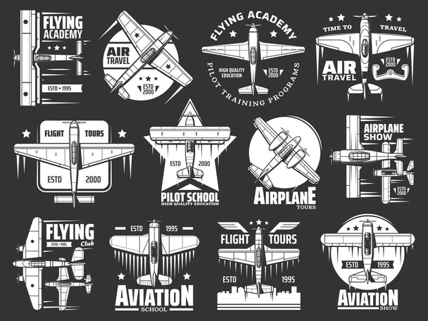 Letecká škola a akademie ikony, letadla a letadla, piloti a letoví letci vektorové retro odznaky. Letecká škola a letecký výcvik, letecká a vojenská letecká letecká přehlídka - Vektor, obrázek
