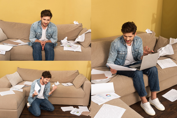 Koláž smutný a naštvaný muž pomocí notebooku a sedí blízko shluk papíru na gauči  - Fotografie, Obrázek