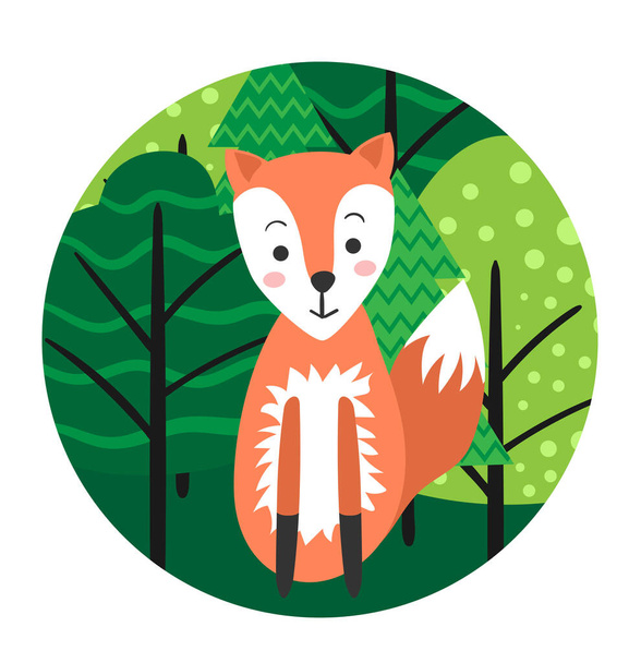 Cute cartoon fox is sitting in the forest. Fox on a background of trees. Round logo, sticker, icon. Flat vector illustration isolated on white background. - Vettoriali, immagini