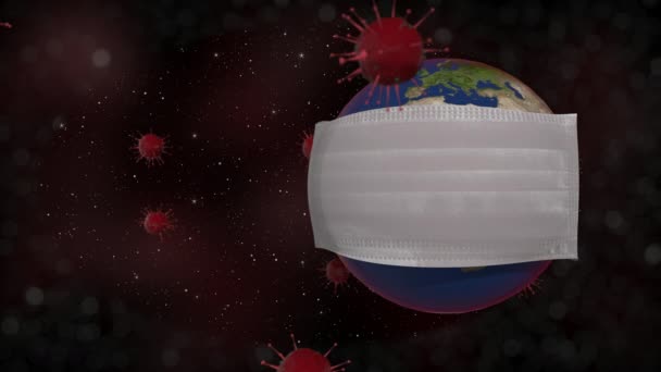 Земля на карантине. 3D рендеринг планеты в медицинской маске вращающейся в зараженном пространстве с красными вирусами, плавающими повсюду
. - Кадры, видео