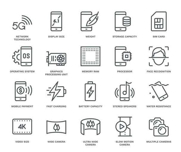 Iconos de especificación de teléfonos inteligentes. Monolina cóncava
 - Vector, Imagen