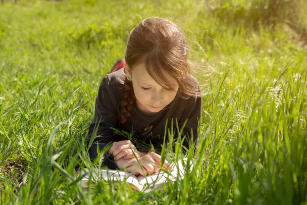 Een klein meisje ligt op haar buik te lezen op het gras. Ze heeft een blik van genot op haar gezicht en ze ziet er erg ontspannen uit - Foto, afbeelding