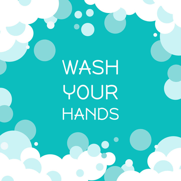 Lavati la bandiera delle mani. Protezione personale dall'coronavirus. Bolla di schiuma dal sapone. sfondo vettoriale in stile piatto. - Vettoriali, immagini