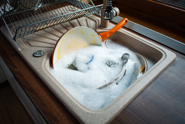 Dirty dishes in sink. - Photo, Image