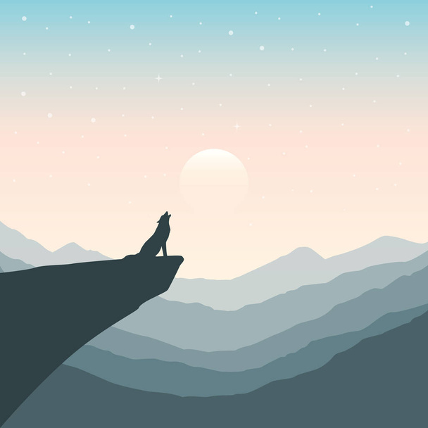 wolf op een klif huilt bij volle maan berg natuur landschap - Vector, afbeelding