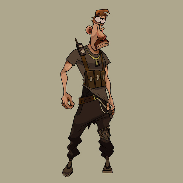 puzzled cartoon man in clothes of post apocalypse in uniform with walkie talkie - Wektor, obraz