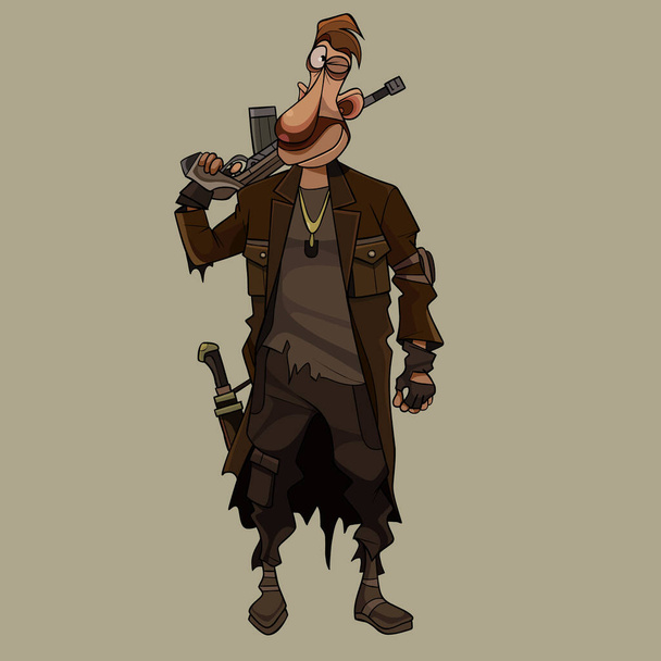 cartoon armed man in post apocalypse clothes with gun on his shoulder - Vector, afbeelding