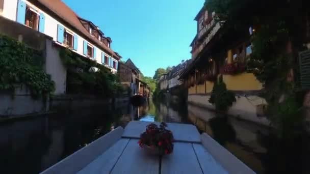 Hyperlapse- Boat ride tour on Petite Venise canal sightseeing traditional colorful houses in Colmar, Alsace, France, Europe, First person view - Footage, Video