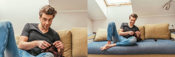 collage of handsome, positive man knitting on sofa at home in attic room, panoramic crop - Photo, Image