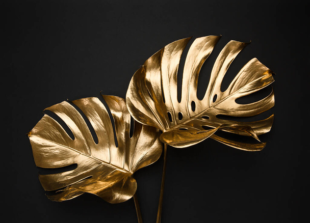 Nahaufnahme von zwei luxuriösen goldbemalten tropischen Monstera Blätter künstlerische Komposition. Abstrakter schwarzer Hintergrund isoliert. Kreatives Schmuckkonzept. - Foto, Bild