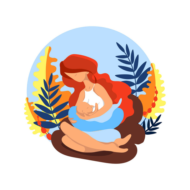 Новорожденная кормящая женщина, мама с младенцем в окружении экзотических листьев, плоский стиль иллюстрации в ограниченной цветовой палитре. Для печати или веб-дизайна. Векторная иллюстрация
 - Вектор,изображение