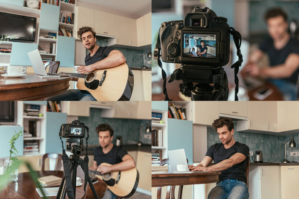 collage de jeune homme tapant sur ordinateur portable, tenant la guitare tout en étant assis près de l'appareil photo numérique sur trépied
 - Photo, image