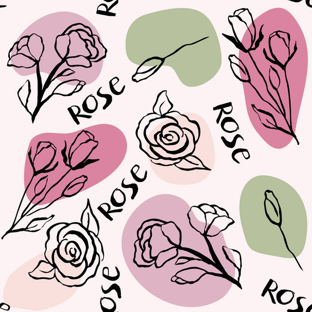 Seamless pattern with rose flowers and rose branches. Doodle style. - Vektor, obrázek