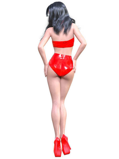 Tall sexy woman in minimalist extravagant sexy latex body suite. Conceptual fashion art. Seductive candid pose. 3D render illustration. Studio, high key. - Fotografie, Obrázek