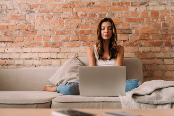 female young freelancer working on laptop on sofa during self isolation - Photo, Image