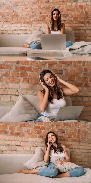 kollázs boldog nő hallgat zenét fejhallgató, beszél az okostelefon és a működő laptop kanapén során az önelkülönítés - Fotó, kép