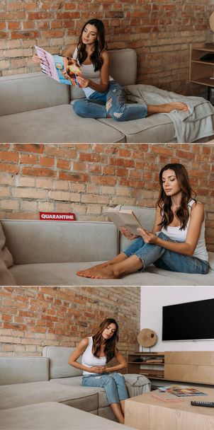 collage with beautiful woman having stomachache, reading magazine and book on sofa with quarantine sign during self isolation  - Фото, изображение