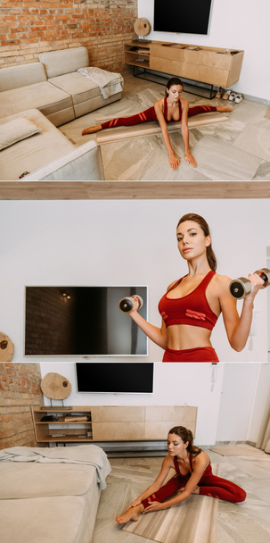 kolaż z piękną atletyczną dziewczyną trening z hantlami i rozciąganie, siedzi w sznurku na macie do jogi w domu podczas samoizolacji - Zdjęcie, obraz