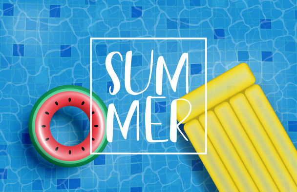 Letní plakát nebo prapor s realistickým plaveckým kroužkem a nafukovací matrací. Nákupní akce pro letní sezónu. - Vektor, obrázek
