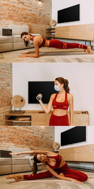 collage with woman in medical mask training online with dumbbell, standing in plank and stretching with laptop at home on quarantine  - Fotó, kép