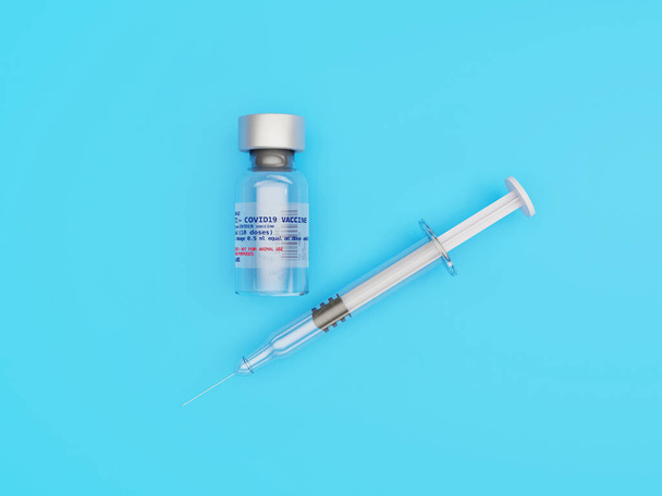 Vaccin injectieflacon voor COVID-19 of Coronavirus en Spuit van bovenaf bekeken over een schone blauwe minimalistische achtergrond - 3d rendering concept - Foto, afbeelding